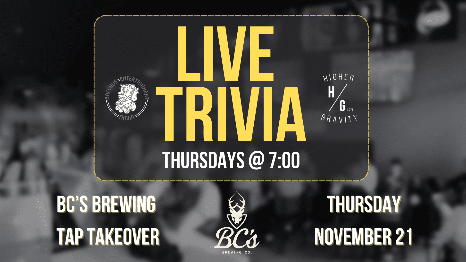 Join us for a special BC's Brewing Trivia edition hosted by Bacchus Entertainment. 7:00 - 9:00 PM in Summit Park.